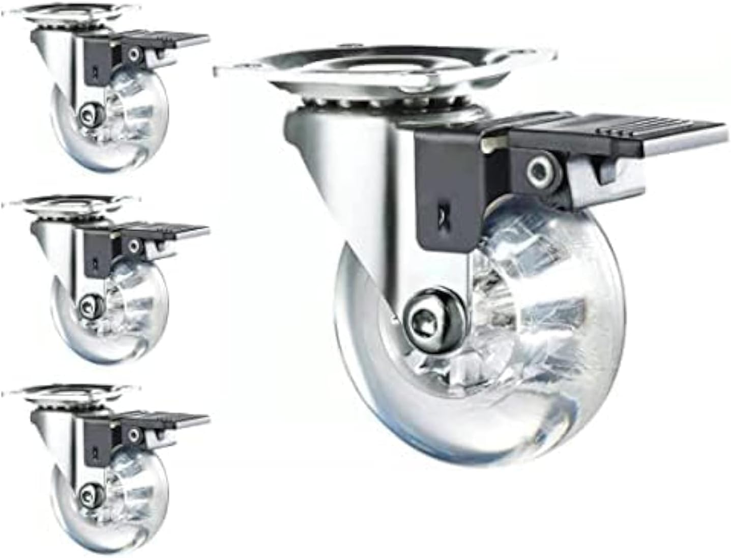 Swivel Caster Wheel, 3 Inch, Set of 4 for Furniture 800lbs, Lockable Heavy Duty Clear Polyurethane Rolling Wheels with 360 Degree Top Plate for Cabinet, Ottoman, Bench Gel Clear, Screws Included