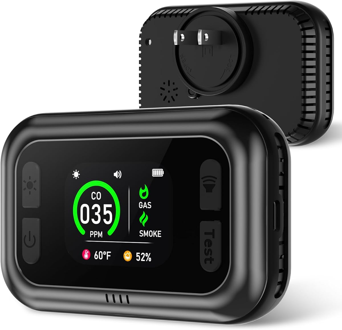 5 in 1 Carbon Monoxide Detectors, Natural Gas Detector & Smoke Detector with Dual Alarm & Bulit-in Battery, Propane CO Detector Plug in (Temp & Humidity) for Home RV Camping Travel (Black)