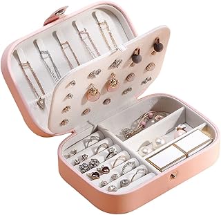 صندوق مجوهرات من الجلد الصناعي للنساء نورمي للحلقان والخواتم والسلاسل والأساور بينك جلد ألومنيوم صناعي زهري