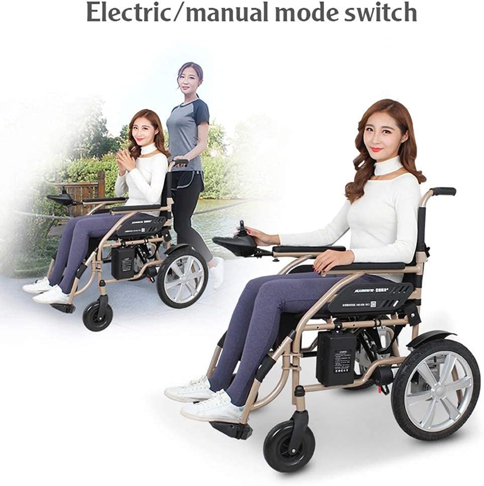 Two women, one in an electric wheelchair and another pushing a wheelchair in manual mode, demonstrating the electric/manual mode switch feature.