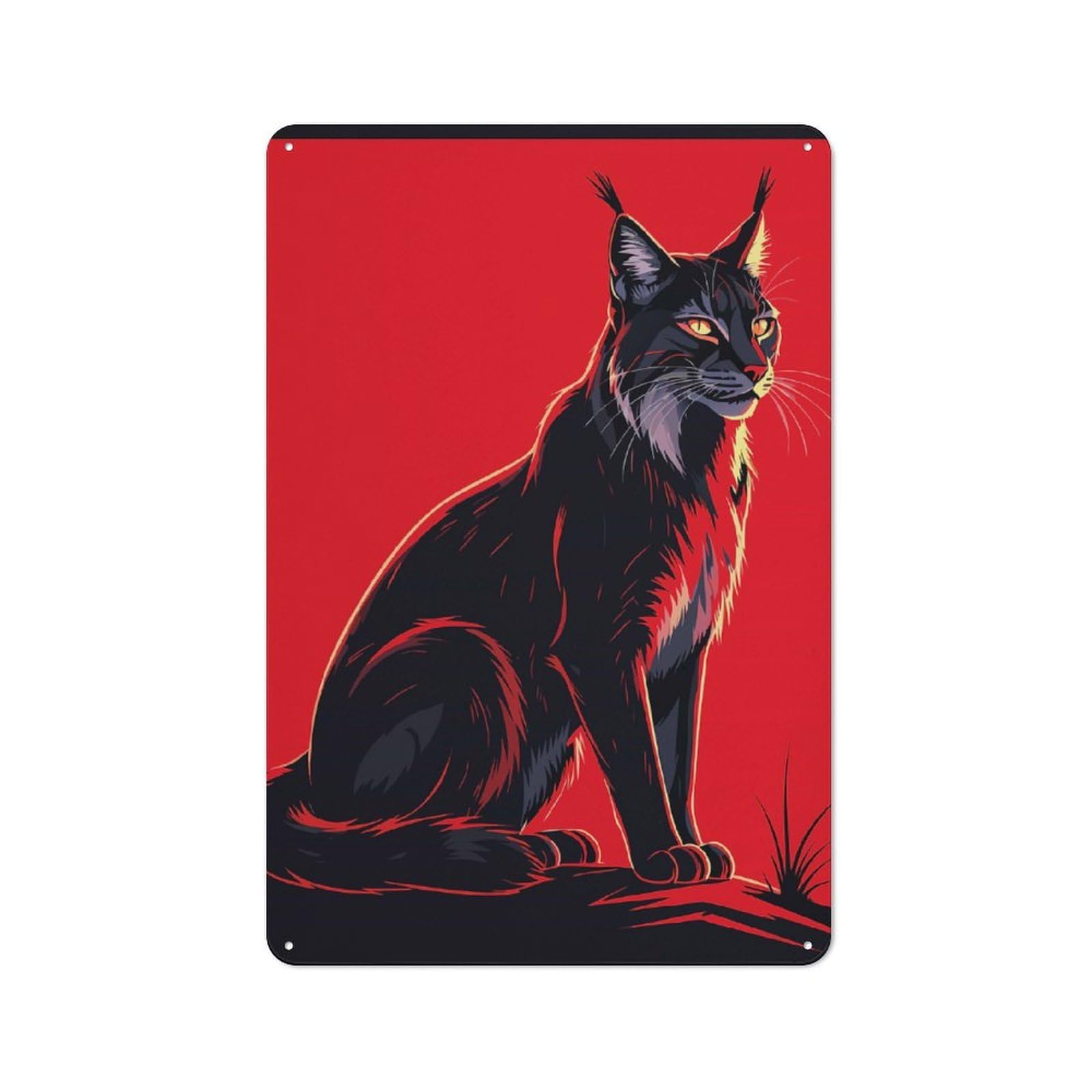 Junmoney Lynx Portrait On Red Background Creative Metal Wall Decor 30X20cm, Metal Desk Wall Sign For Hobby Room, Office, Lounge Or Living Room