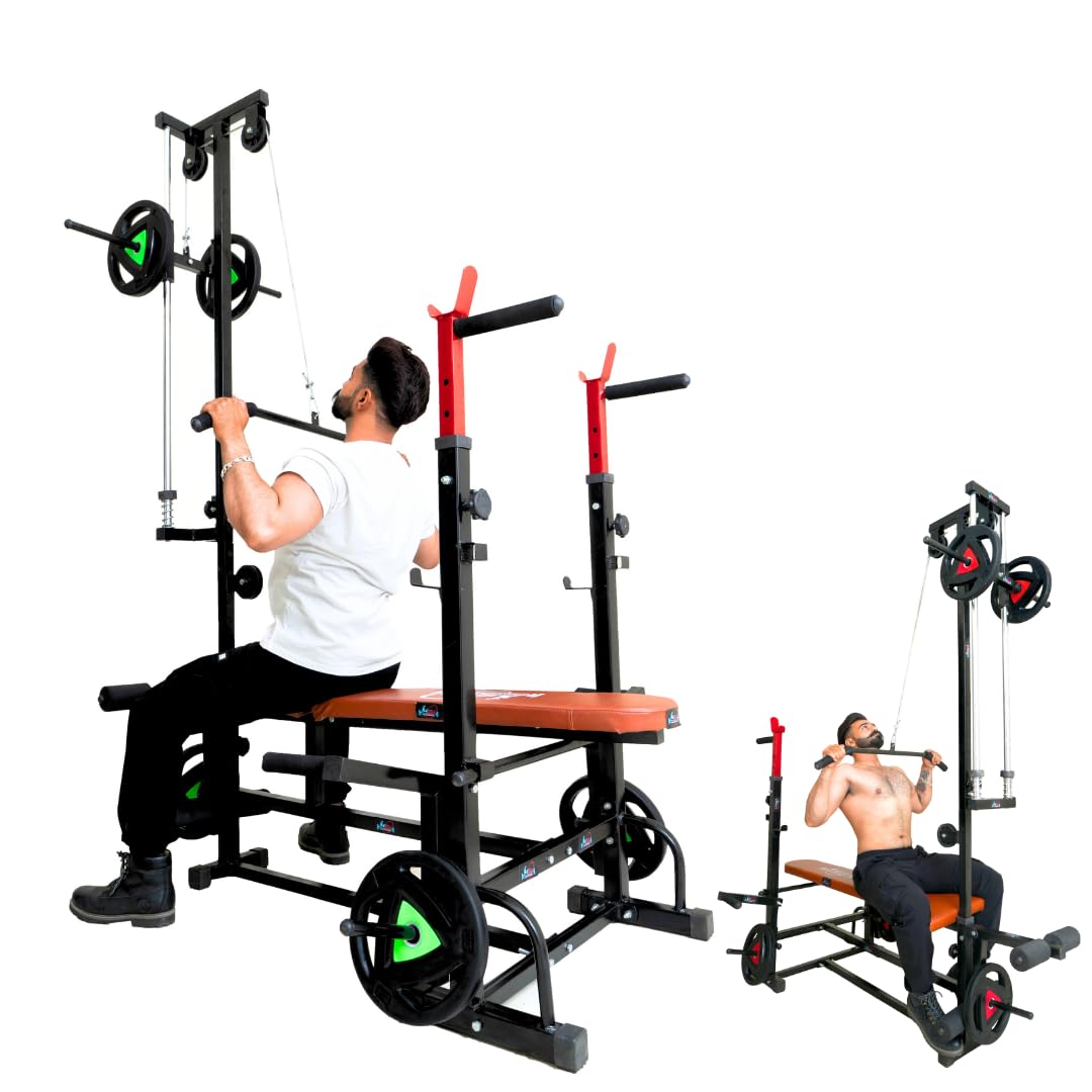 Novian Fitness 20 in 1Multi-Station Weight Training Bench with LAT Pulldown Tower, Cable Pulley System, Adjustable Height, Orange-image-13