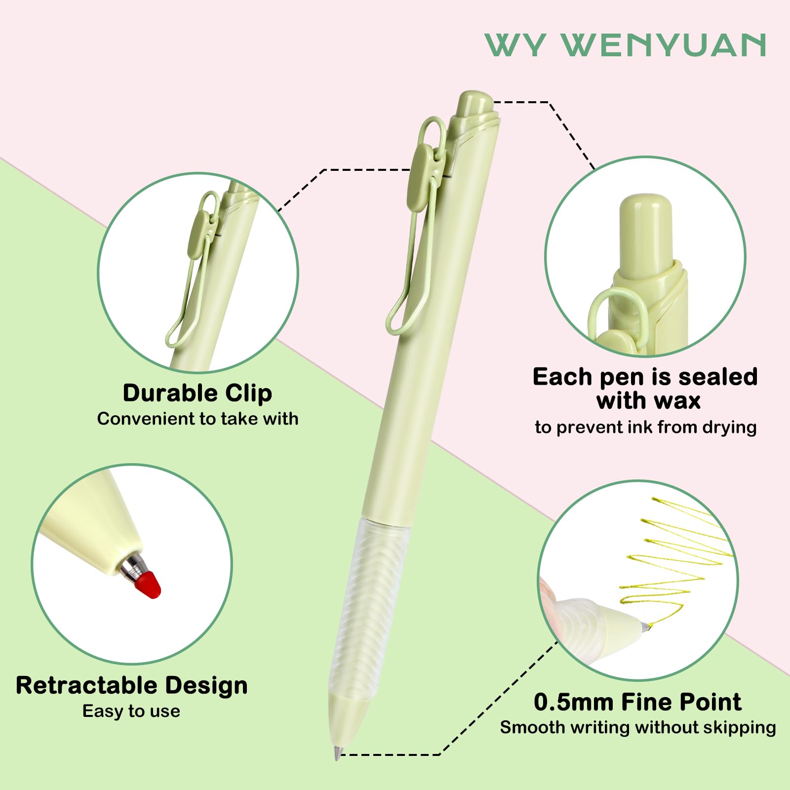 WY WENYUAN Długopisy żelowe, 12 szt., kolorowe długopisy, cienka końcówka, gładkie pisanie, 0,5 mm, długopisy żelowe, akcesoria biurowe, chowane, estetyczne długopisy do dziennika, szkolne artykuły
