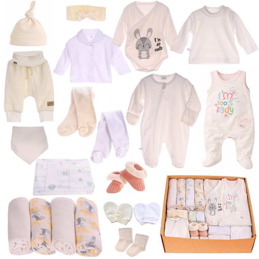 Erstausstattungspaket Baby Set 21 Teile Hose Stramplerhose Strumpfhosen Shirt Socken Bekleidung für Mädchen Neugeborene Weich Hautfreundlich Bequem Geschenk Geburt Babyparty