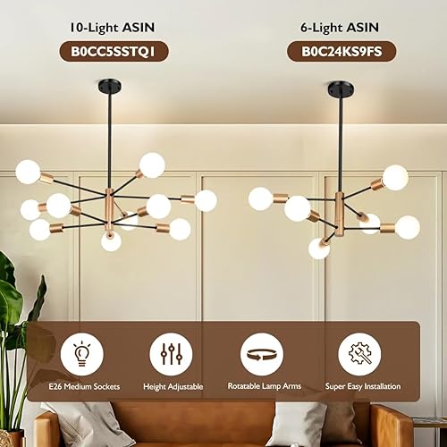 Miniatura 2 de Candelabro Sputnik de 10 luces, lámparas colgantes negras y doradas, moderna lámpara de comedor de granja de latón de mediados de siglo, altura