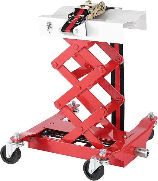 Garvee 450 Lbs Capacity Low Profile Transmission Jack with Safety Straps, 7-23 Inch Lift Range, Heavy Duty Auto Repair Lifting Jack with 4 Wheels for for Smaller Vehicles, Red