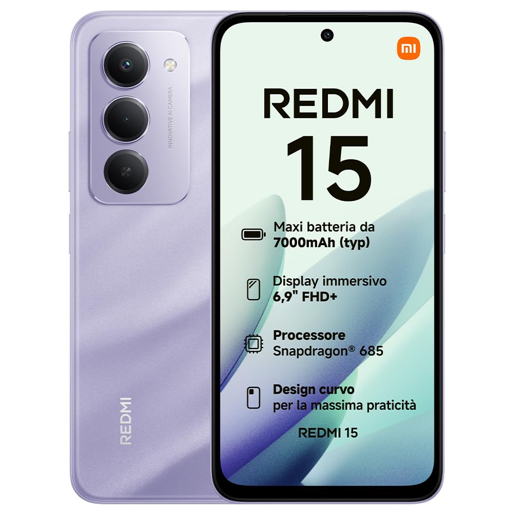 Xiaomi Redmi 15, Smartphone 8+256GB, DotDisplay FHD+ 144Hz da 6,9", Snapdragon 685, doppia fotocamera AI da 50MP, Batteria da 7000mAh, Garanzia di 2 anni, Viola, Caricabatterie non incluso