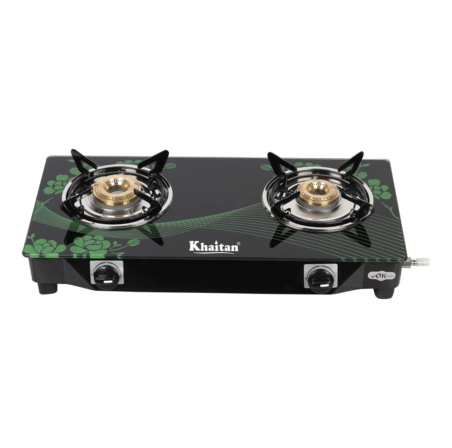 Khaitan 2 Burner BPNano Green Digital Toughened Glass LP Gas Cooktop, Manual Ignition Gas Stove