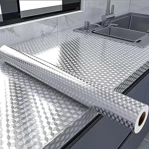 PPK24X9 Silver Aluminium Kitchen Wallpaper Stickers, Oil Proof, Waterproof, Self Adhesive, Sliver Hexa 60 * 200