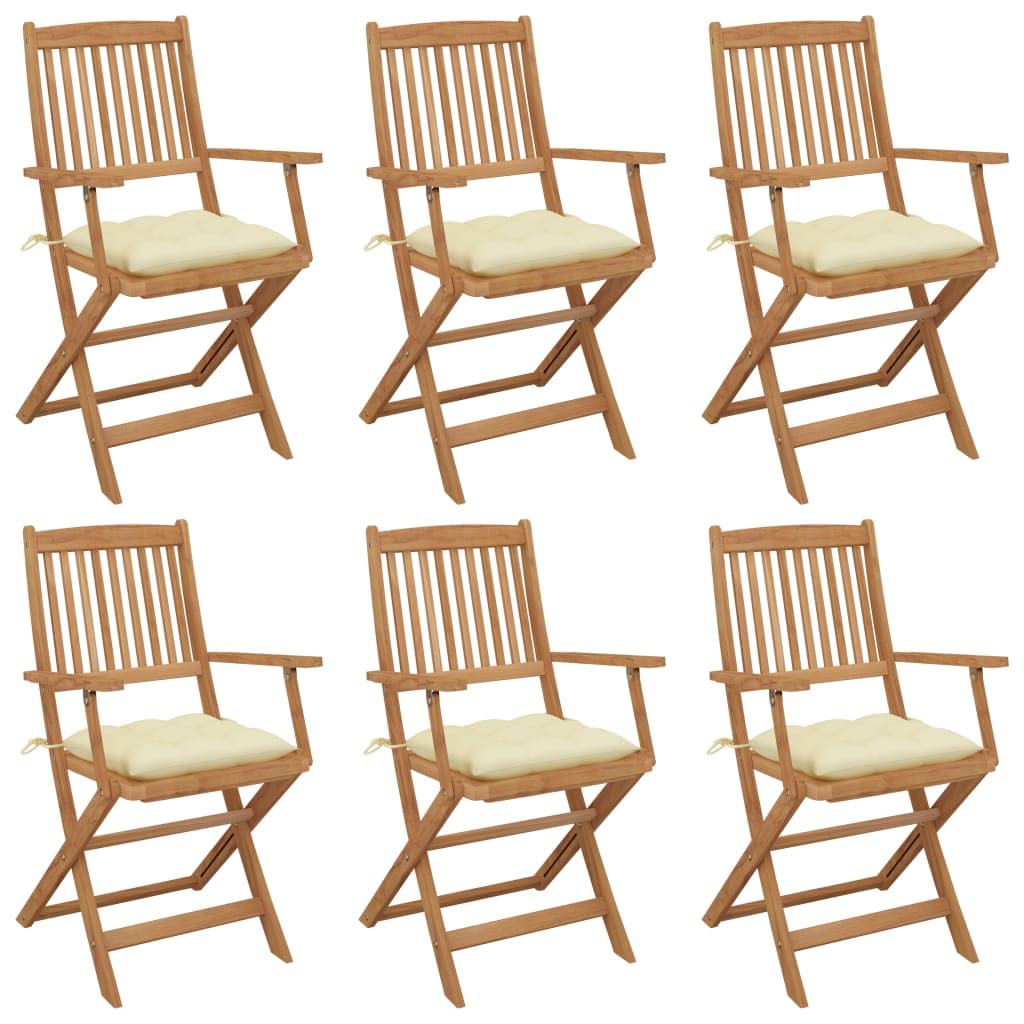 Chaises pliables de jardin lot de 6 salon de jardin bois acacia avec coussin blanc crème patio