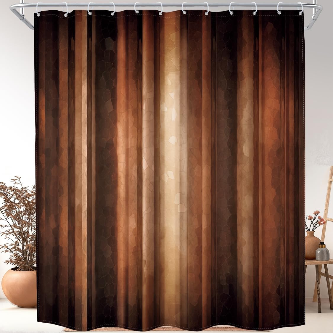 MESHELLY Extra Long Brown Striped Shower Curtain 72Wx96H Vintage Rustic Abstract Farmhouse Tan Bathroom Curtain Earth Tones Aesthetic Bath Curtain Bathroom Accessories Decor with 12 Hook