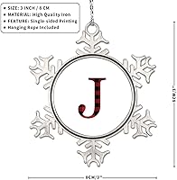 Vista 6 de Adornos de Navidad con letras rojas y negras a cuadros 2022, adornos de copo de nieve, monograma, letra J con inicial, adorno para decoración
