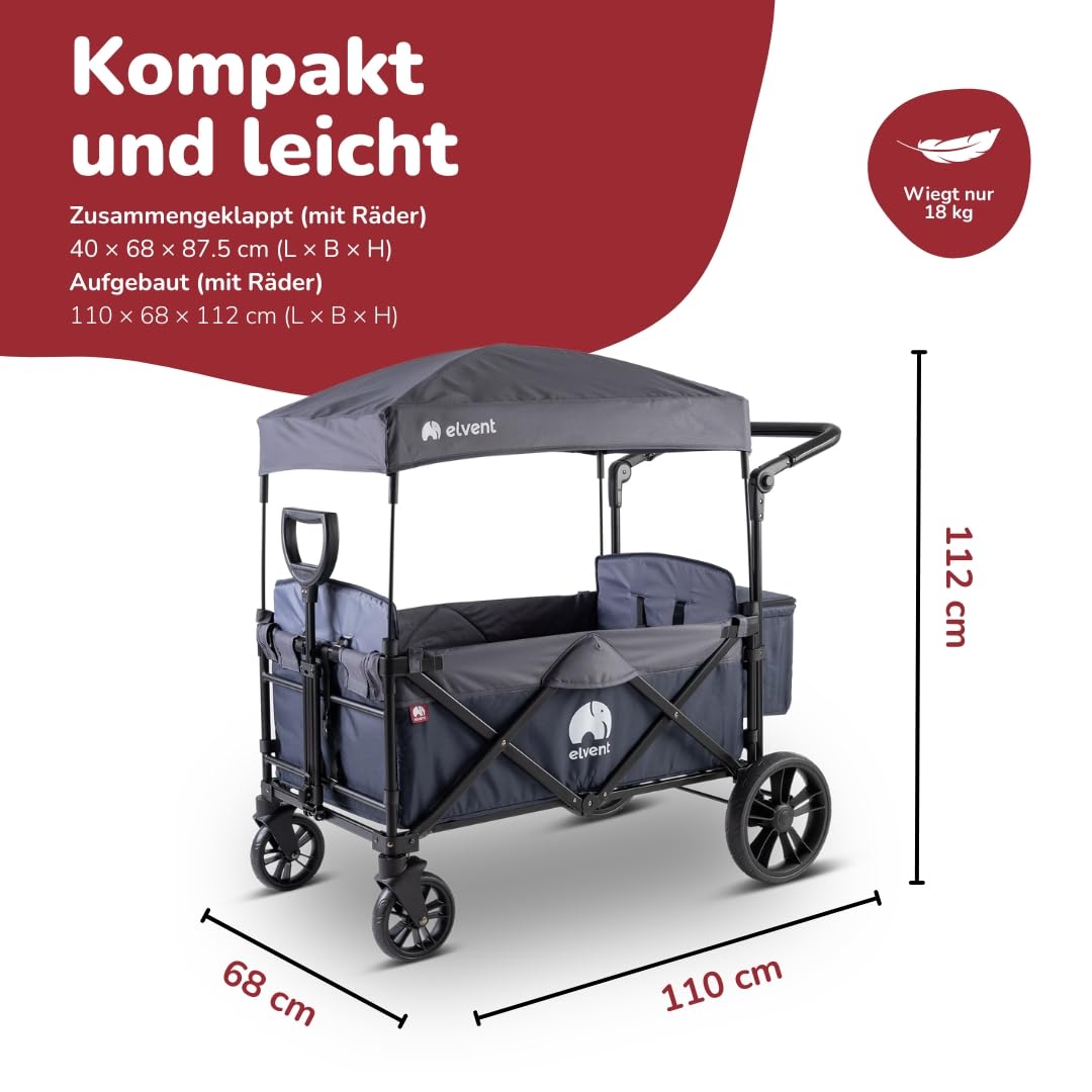 elvent® Allrounder City Bollerwagen - faltbar mit Dach | Sitzpolster, Hecktasche, Feststellbremse, 5-Punkt-Gurt I 2 Kinder (Schwarz)