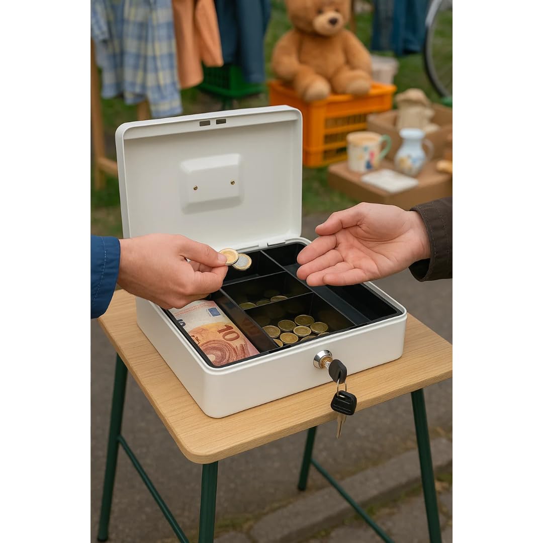 Geldkassette aus Metall Weiß 300x240x90 mm – robuste Geldbox mit Schloss & Schlüssel, Einsatzfächer für Münzen & Scheine – sichere Aufbewahrung für Bargeld, Kassenorganisation & Wertsachen