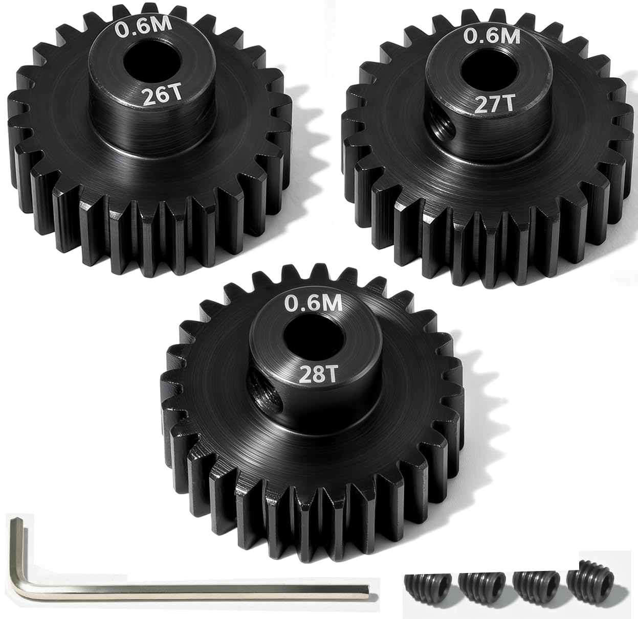 3PCS 0.6M Hardened Steel Pinion Gear Set with 3.175mm Shaft, 0.6 Metric Pitch 14T 15T 16T Pinion Gears Compatible with 1/10 Traxxas ARRMA Tamiya RC Car Brushed Brushless Motor Upgrade