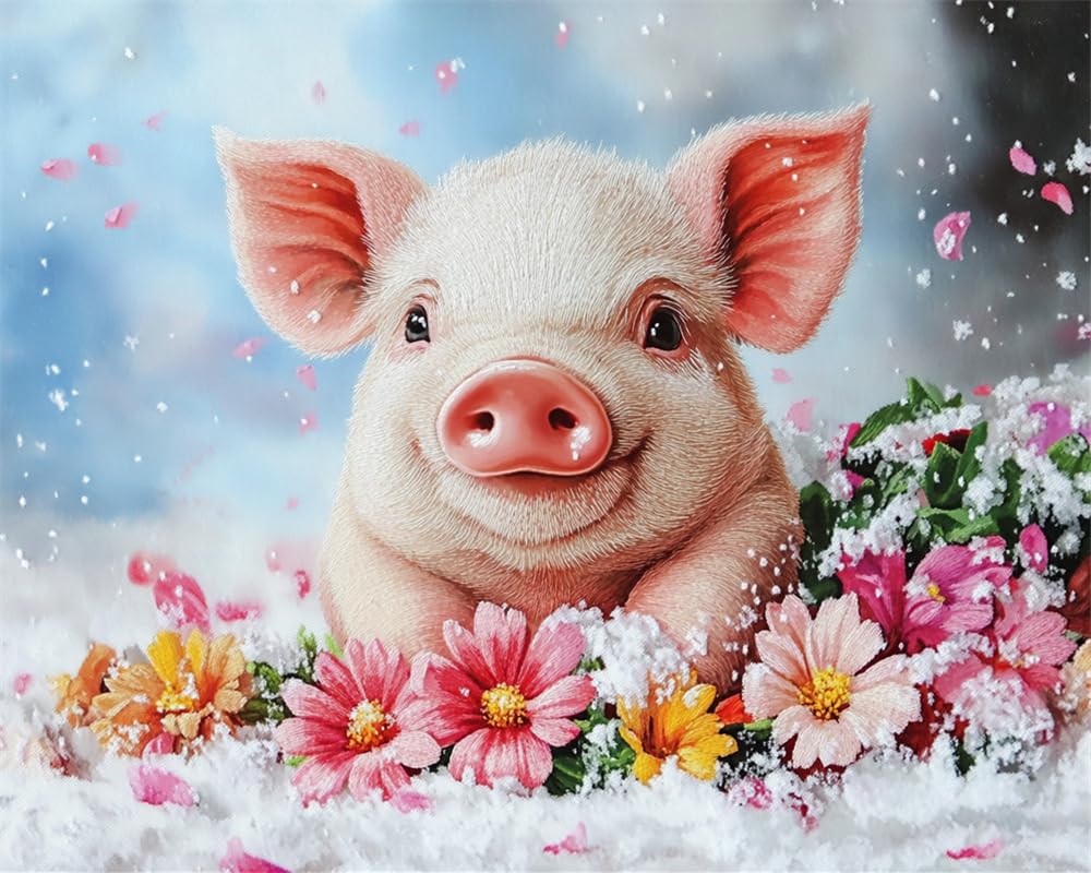 Henypt 11Ct Pre Printed Cross Stitch Kits Cute Pig and Flowers in The Snow for Adults Beginners, DIY Stamped Advanced Embroidery Sewing Starter Kit Needlework Set