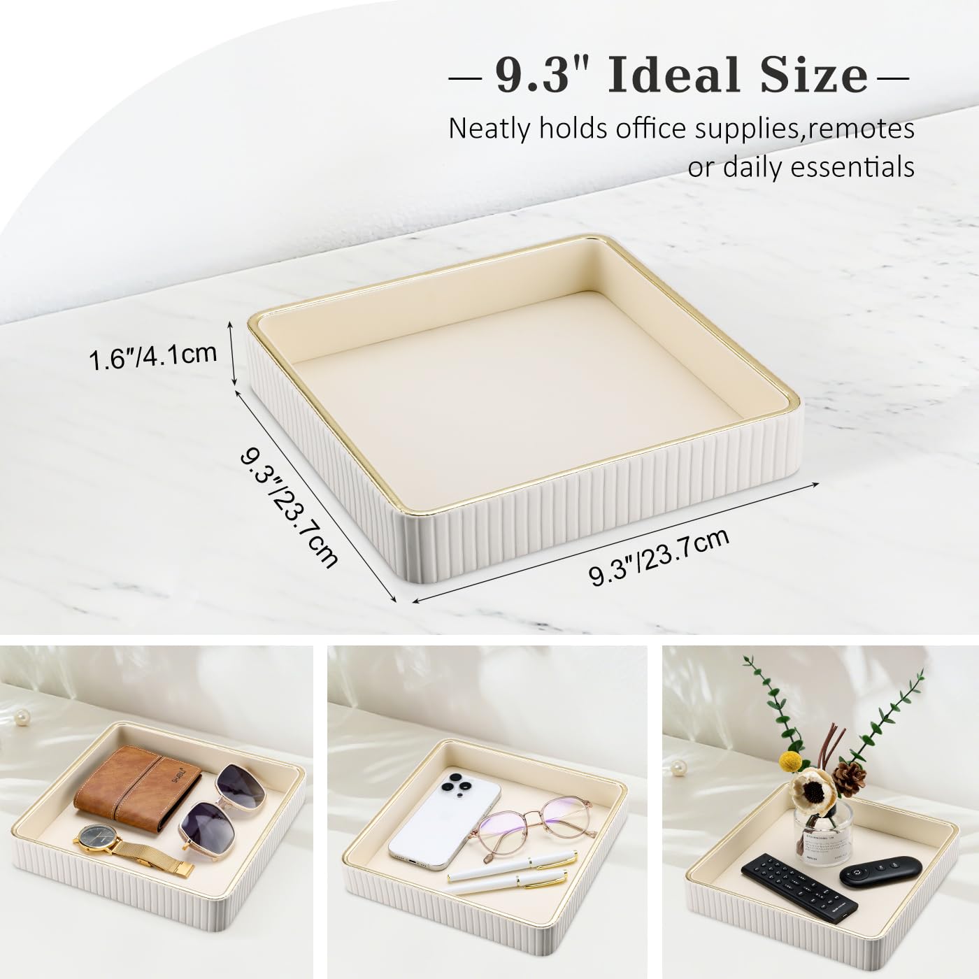 GORESE Plateau Vide Poche,Boîte a Bijoux en Cuir Plateau Decoratif pour Femmes Plateaux de Chevet Boîte de Rangement pour Clés,Montres,Parfums,Bijoux,Argent,Lunettes,Beauté,Boutons de Manchette(Blanc)