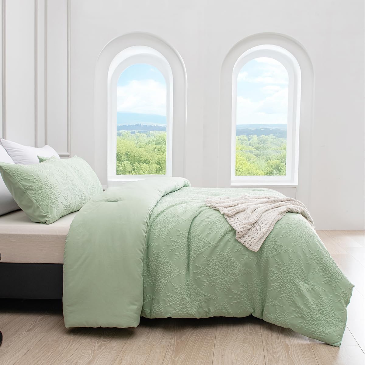 Sage Green Jacquard Comforter Set Queen Leaf Comforter Boho Bedding Set 3 PCS Soft All-Season Luxury Bedding(Sage Green,Queen) - Image 6