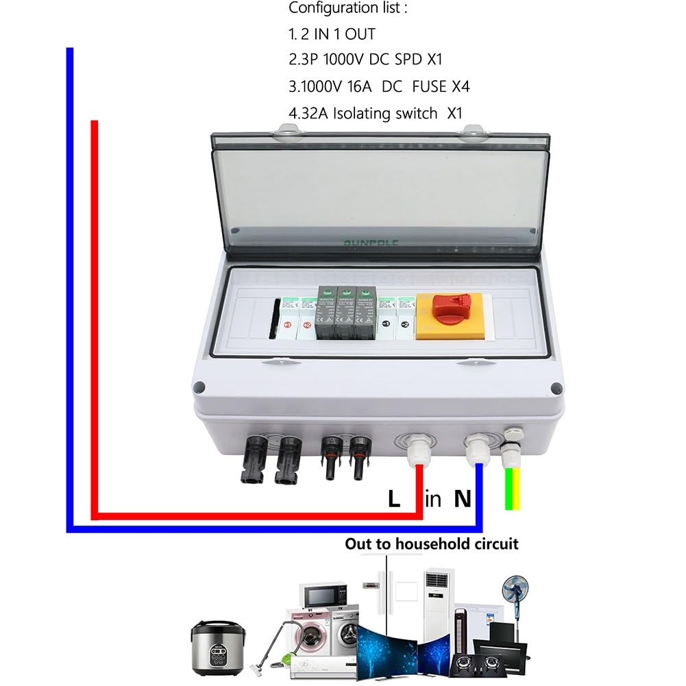 2-in-1-Solar-PV-Kombinator-Box für Photovoltaik-Arrays mit 2 Strängen, IP65 wasserdichtes PVC-Gehäuse mit DC-Sicherungen, SPD und Trennschalter für Dachinstallationen, 1000 V