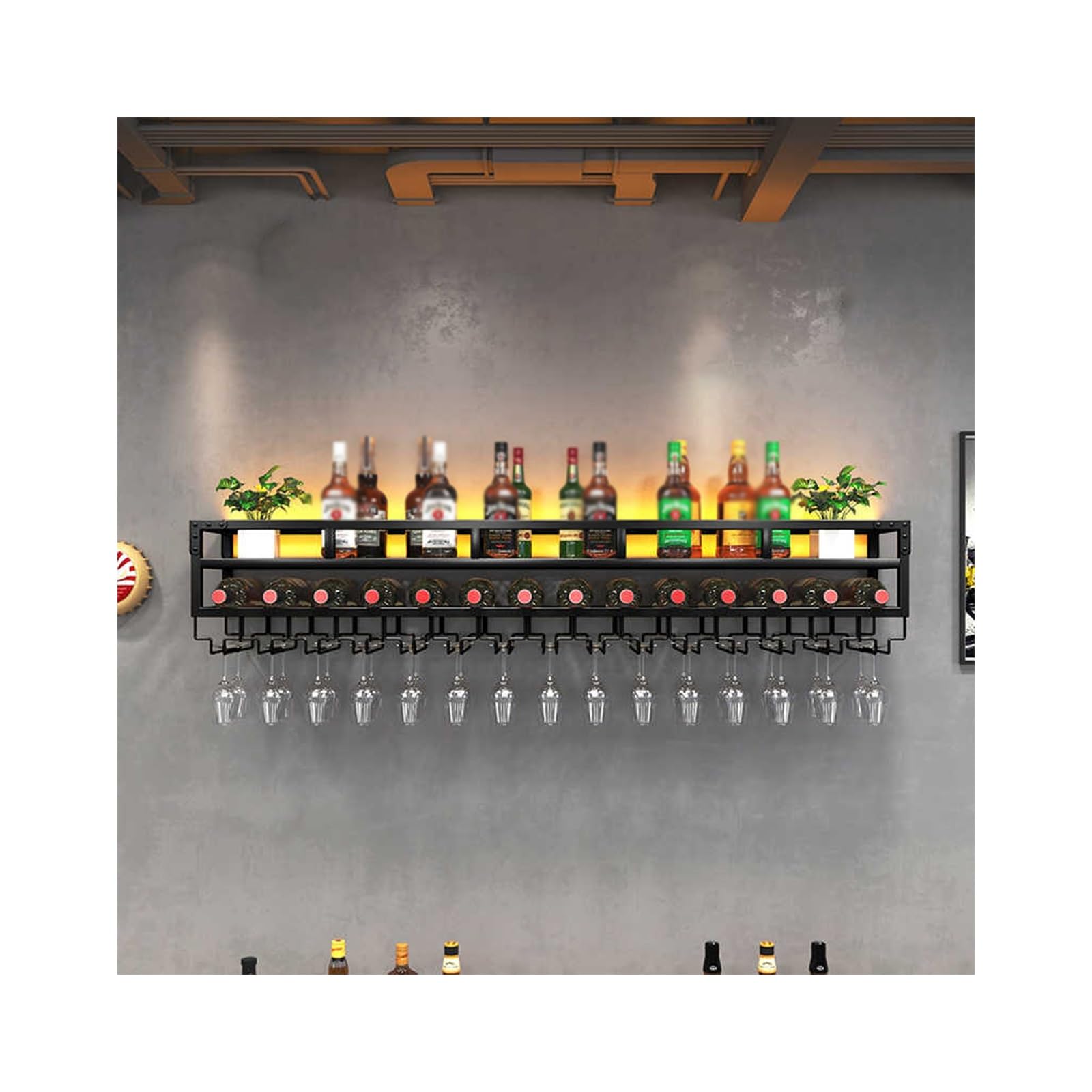 Estante de pared para licores con luz de metal negro y doble capa de 100 cm 1