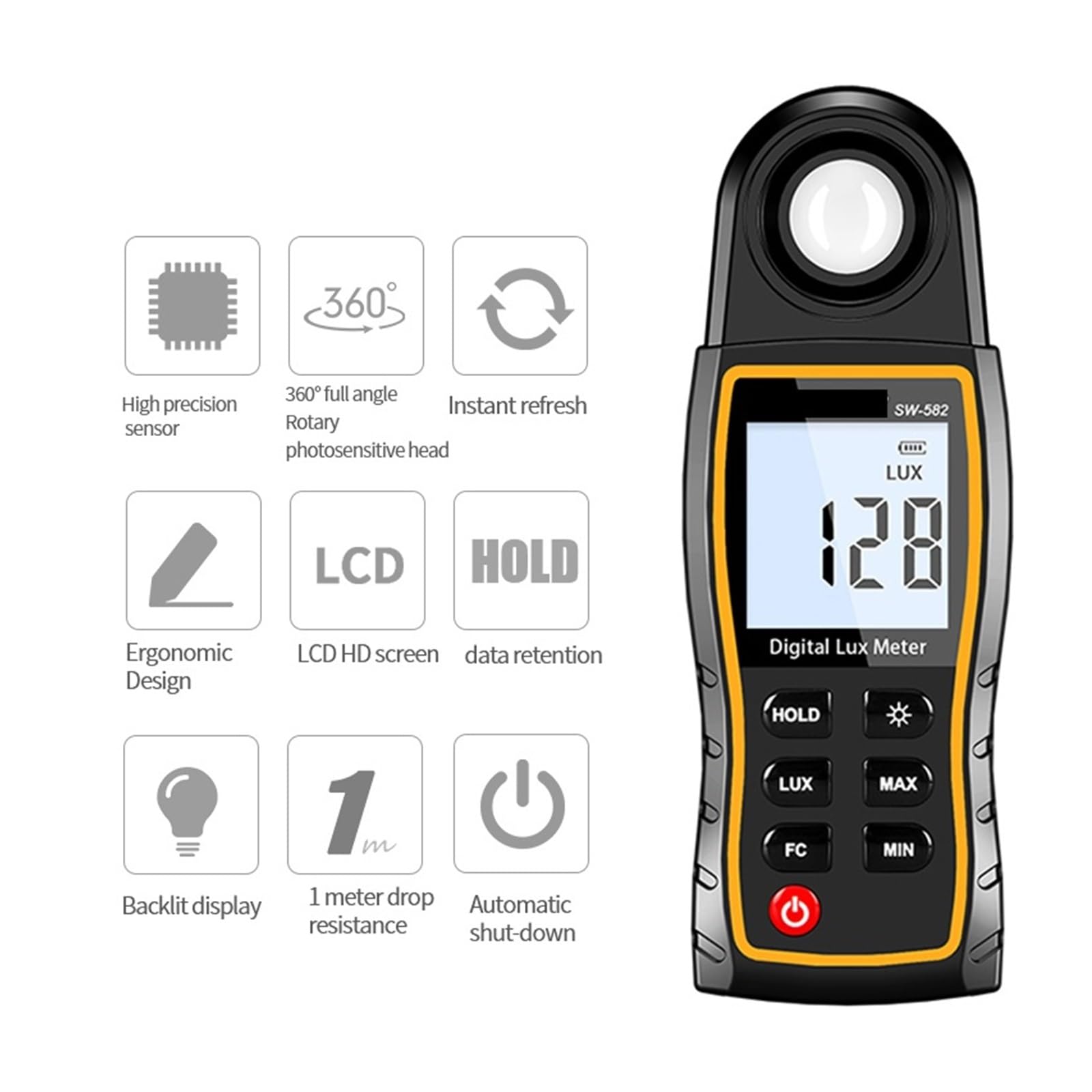 Medidor De Lux Digital SW-582 Luz 199.900 Sensor Giratorio Lux/FC Iluminómetro Alta Precisión Fotómetro Probador Amplio Rango, Alta PrecisióN