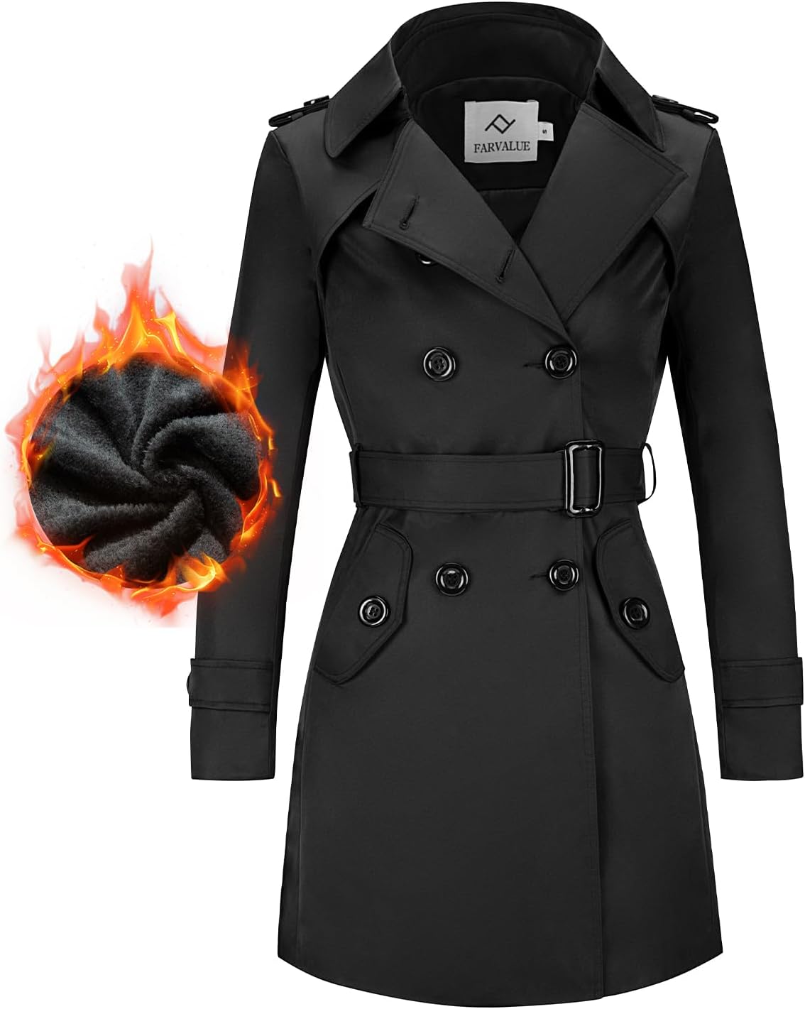 FARVALUE Women's Double Breasted Trench Coat Water Resistant Windbreaker Classic Belted Lapel Overcoat