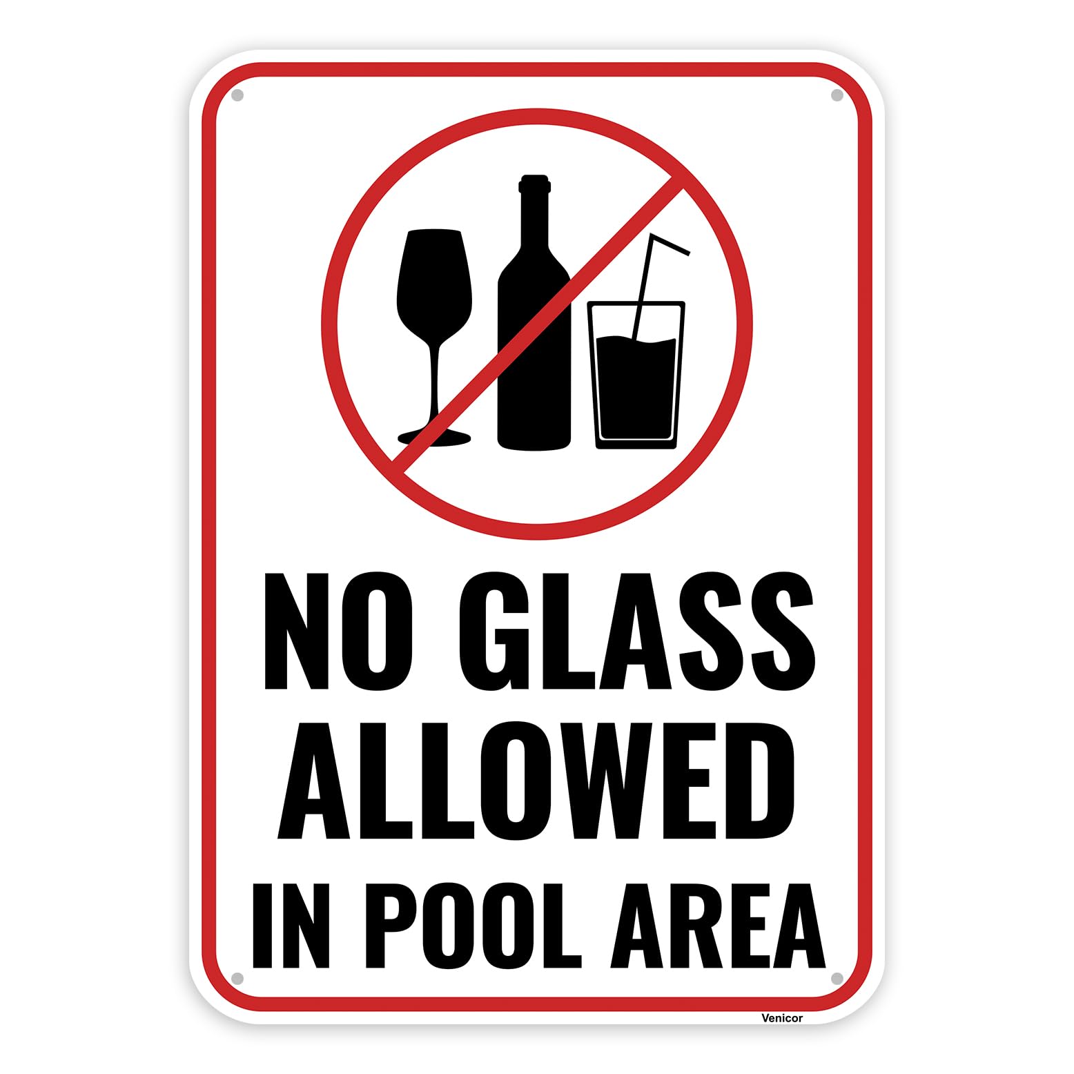No Glass In Pool Area Sign, Pool Safety Warning Plaque, Aluminum, 12x8 Inch