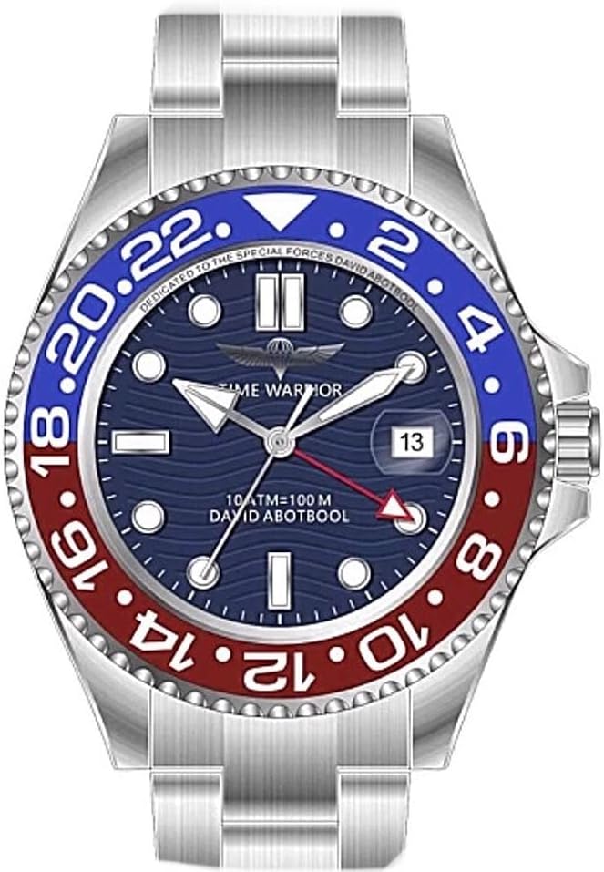 TIME WARRIOR Relojes de acero inoxidable para hombre, Swiss Ronda 505 GMT, movimiento de cuarzo, cristal de zafiro, bisel de cerámica, relojes de