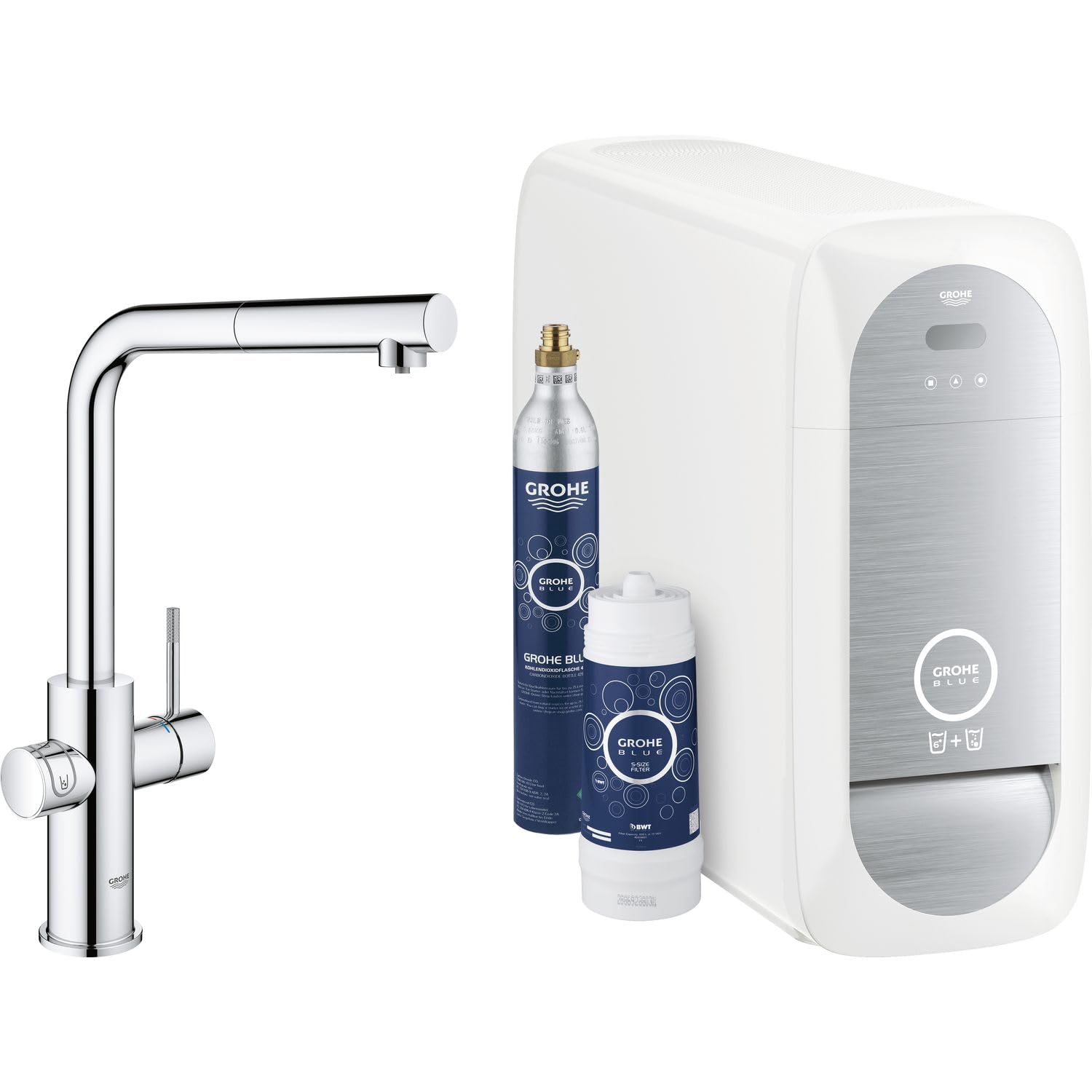 GROHE Blue Home - Grifo de cocina con filtro, enfriador y gas (caño extraíble, para agua filtrada, fría y con gas, sin botella de CO2), cromo, 31927001
