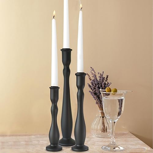 Portavelas negro para candelabros, juego de 3 portavelas cónicos modernos, decoración de palitos de madera altos (12 pulgadas, 10 pulgadas, 8