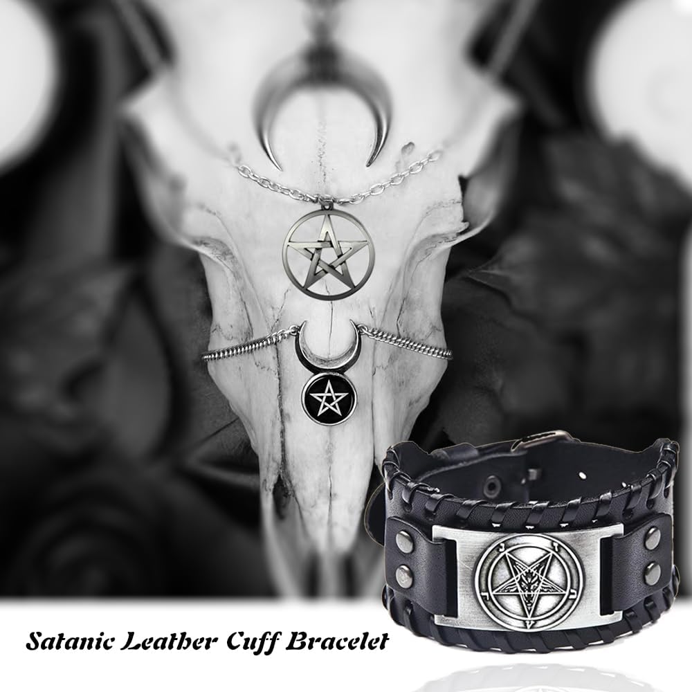 Satanic Leather Cuff Bracelet, Demon Baphomet Satanic Goat Head Bracelet, Gothic Inverted Pentagram Bangle