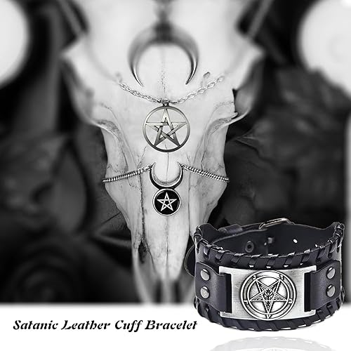 Miniatura 5 de Pulsera de cuero satánico, pulsera de cabeza de cabra satánica de baphomet de demonio, brazalete gótico de pentagrama invertido