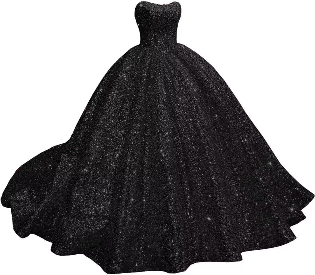 Yifanier Women's Black Sparkly Strapless Sequin Quinceanera Dresses With Train Puffy Prom Dresses Long Ball Gown For Sweet 15 16 Dress