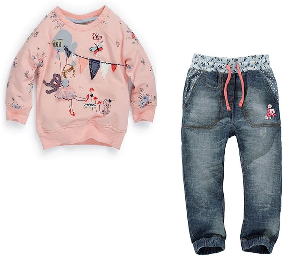 Baby Kids Girls Pattern Pink Sweatshirt and Jeans 2-piece Outfit (100/Age 2-3)
