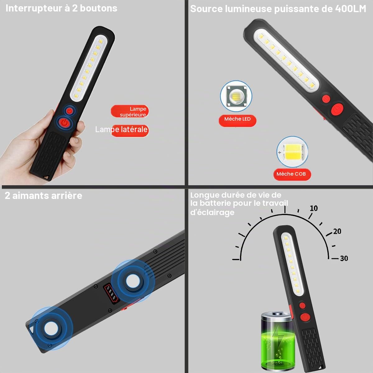 Lampe de Travail LED Rechargeable, Lumière combinée Double Couleur Lampe d'inspection 2 en 1 et 3 W COB LED Torche Lampe avec Double Magnétique pour Auto Garage Atelier Camping Bricolage etc