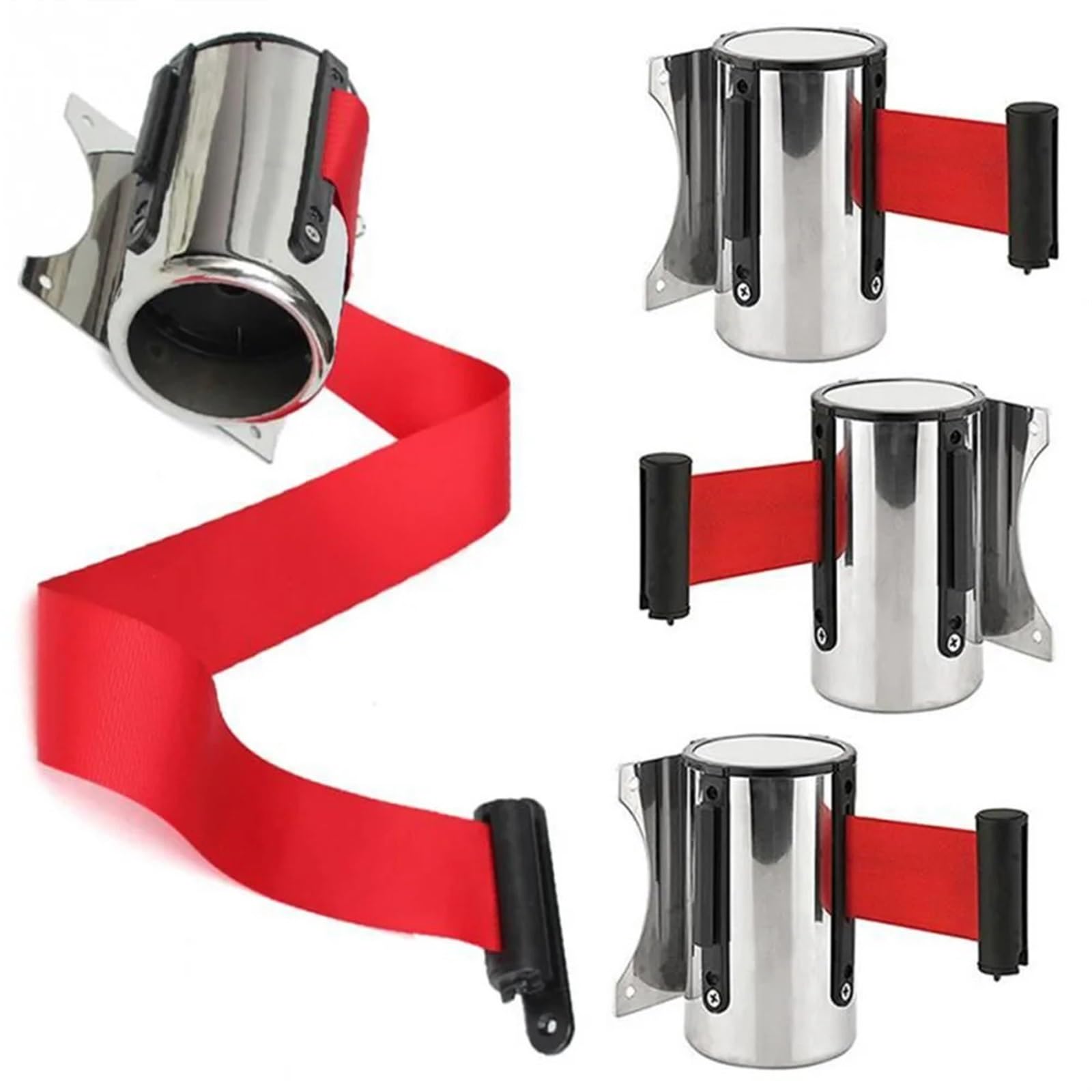 Cola de pared cinturón retráctil barrera 4 piezas Para Multitud | Barreras de cuerda Cinta de control de multitudes Línea de montaje Soportes de advertencia rojos montados en puntal(Black 5m)