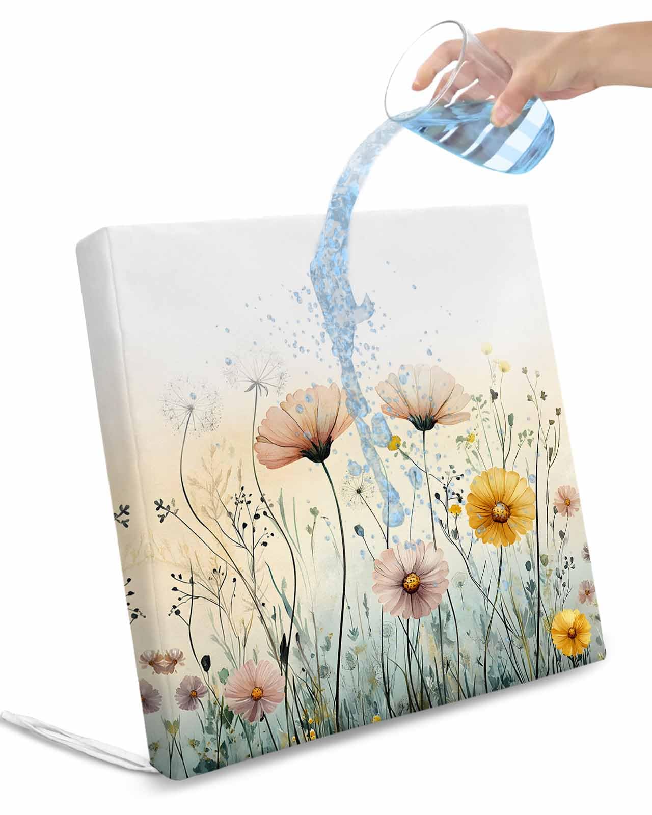 2 Pack Spring Floral Waterproof Cushion Covers with Ties, Outdoor Patio Chaise Lounge Chair Seat Cushion Slip Covers Replacement(Only Cover) Pastoral Flowers Watercolor Vintage 24