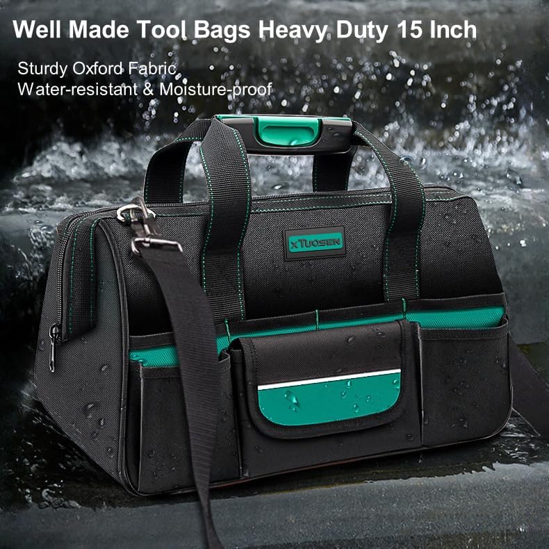 Miniatura 2 de Bolsa de herramientas resistente de 16.5 pulgadas con 16 bolsillos, asa portátil, correa de hombro ajustable, impermeable, boca ancha, organizador