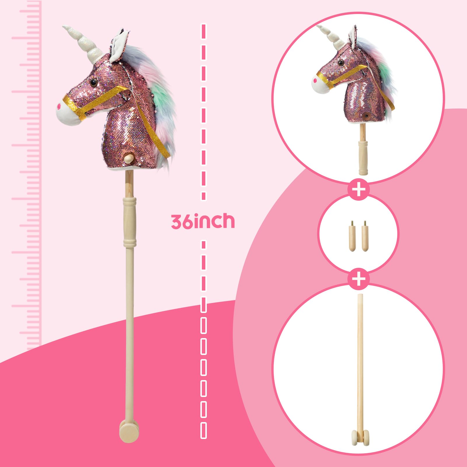 Caballo de unicornio de lentejuelas hecho a mano, caballo de pasatiempo en un palo con ruedas de madera, poni real, sonidos vecinos y galopantes, juguete de unicornio de peluche, color rosa, 8
