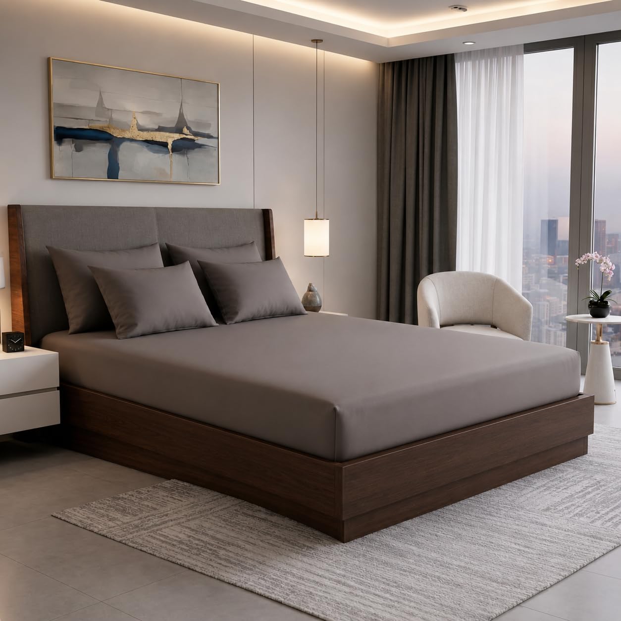 400TC Cotton Feel Glace Cotton Double Bed Elastic Fitted Bedsheet King Size Set || Includes 1 Solid Plain Fitted Bedsheet King Size with 2 Pillow Covers (78 × 72 Inches, Mocha)-image-36