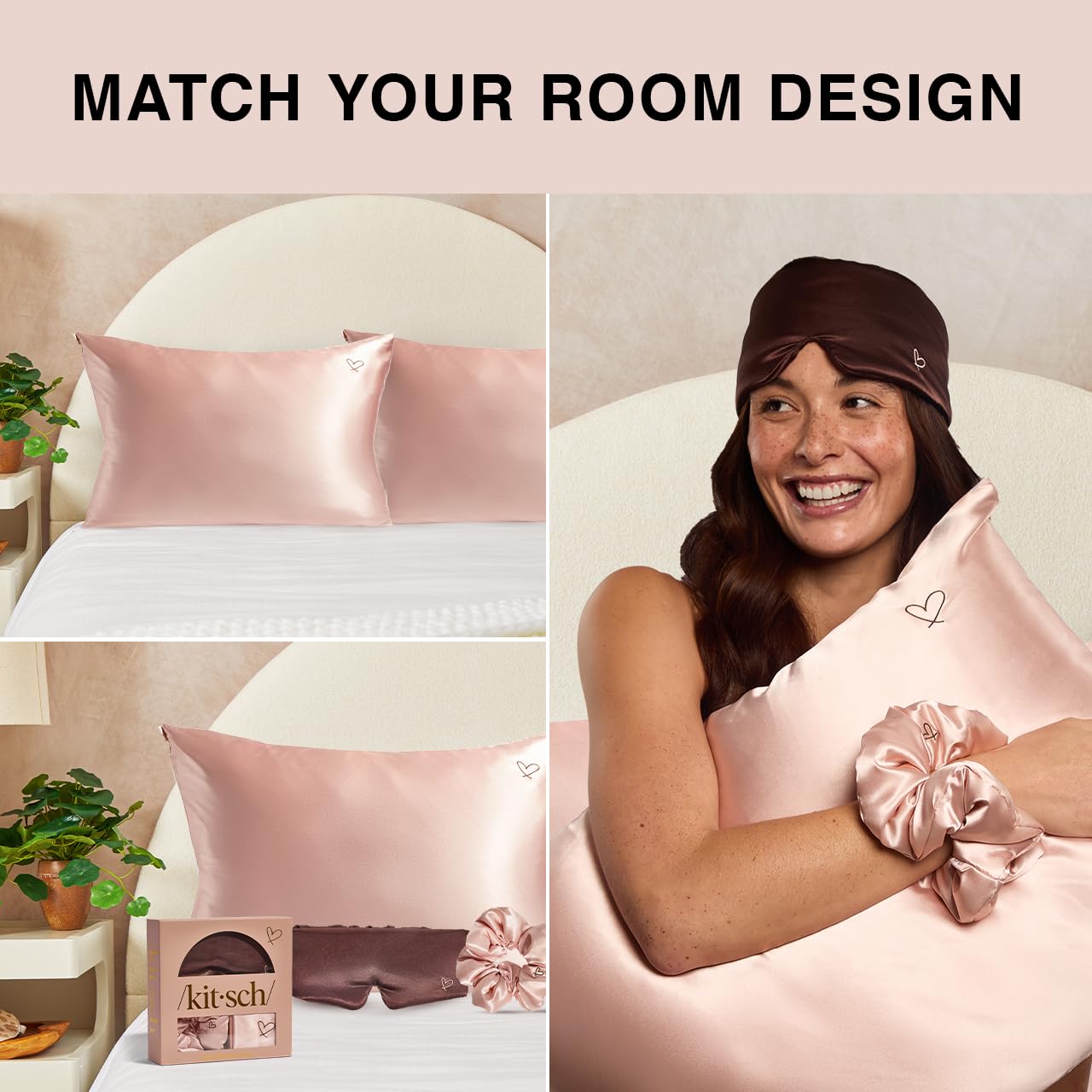 Kitsch Night time Renewal 3PC Sleep Set - Satin Pillowcase with Zipper for Hair & Skin - Softer Than Silk, Queen/Standard Size with Satin Pillow Scrunchie No-Damage Hair Tie and Satin Pillow Eye Mask