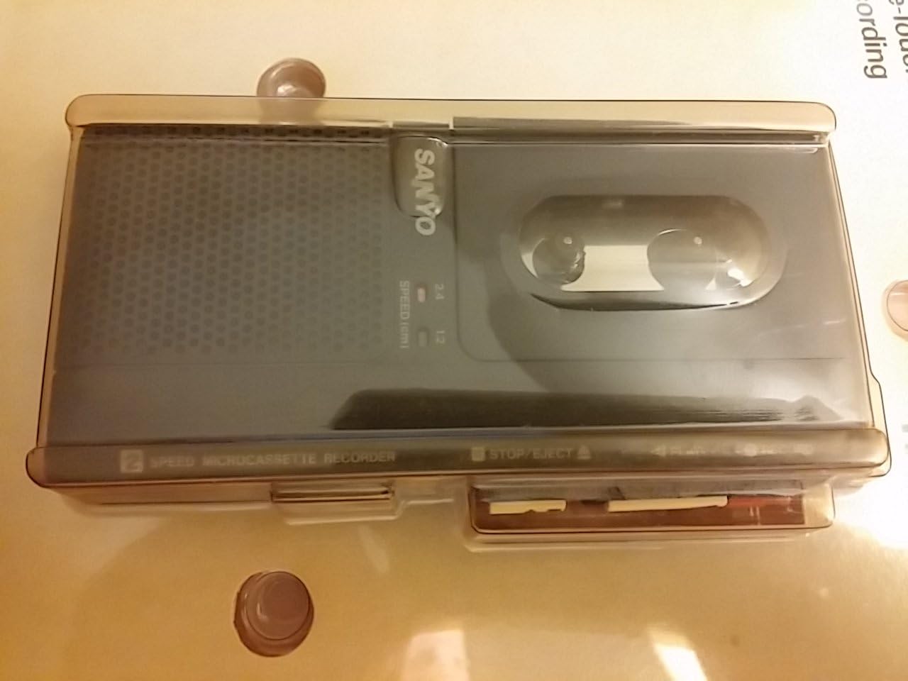 A dalt view of Sanyo M5445 Microcassette Recorder in its original packaging, highlighting controls.