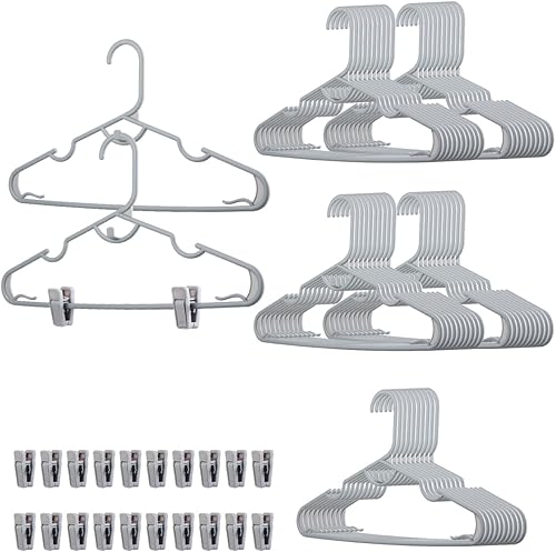 Paquete de 50 perchas de plástico con clips para adultos, perchas grises delgadas apilables que ahorran espacio, perchas estándar para ropa
