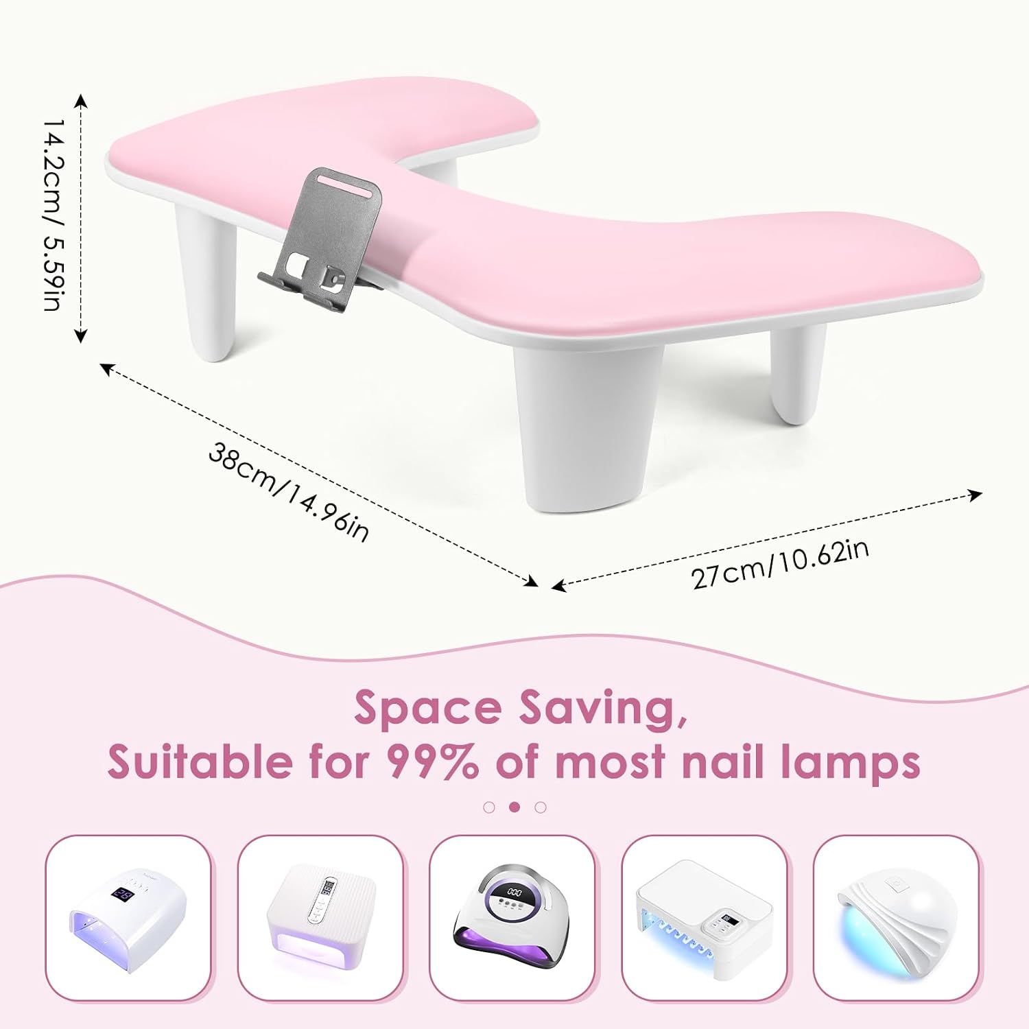 LIONVISON Arm Rest for Nails Tech: U Shaped Ergonomic Nail Hand Rest Stand PU Leather with Rotating Phone Holder for Nail Salon Manicurist (Pink)