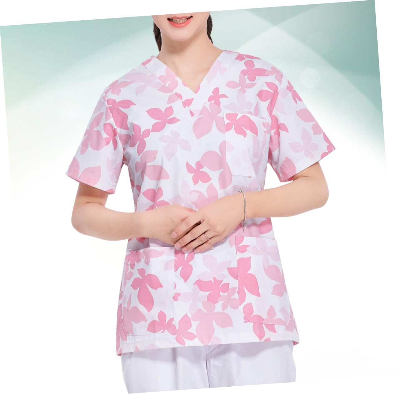 SHERCHPRY Uniforme da Lavoro Donna in Cotone Rosa, Completo Allattamento Scollo a V, Traspirante e Comodo, Set Due Pezzi per Clinica e Ospedale