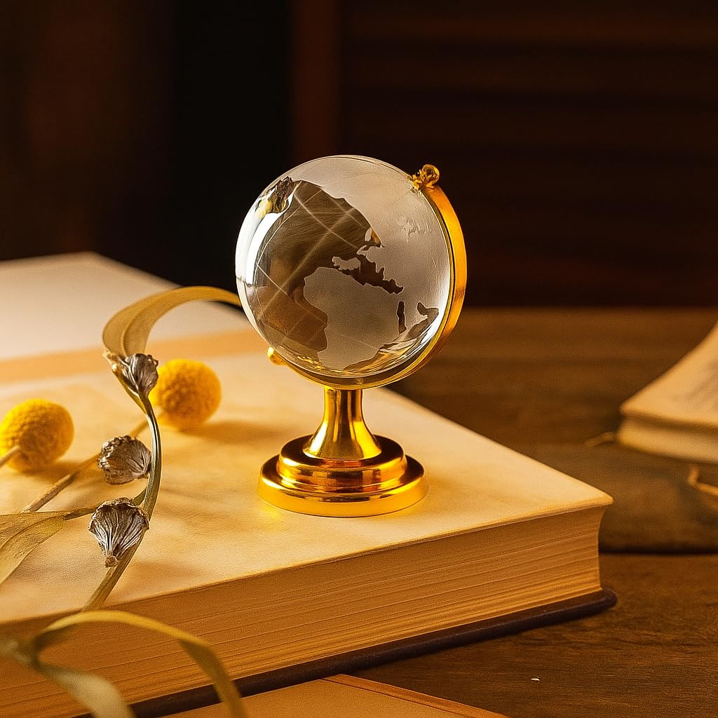 Shoppersduniya Fengshui Crystal Globe with Golden Stand for Positive (Chi) Energy, Success, Good Luck and Prosperity Vastu Remedy for Home Children's Study Table & Office (Glass, White)-image-39