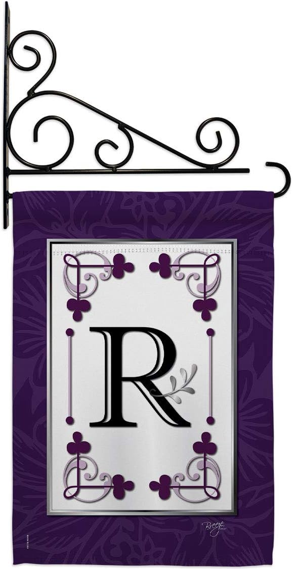 Classic R Initial Garden Flag Set Wall Holder Monogram Country Living Simply Beauty Floral Vintage Letter Everday Small Decorative Gift Yard House Banner Made In USA 13 X 18.5
