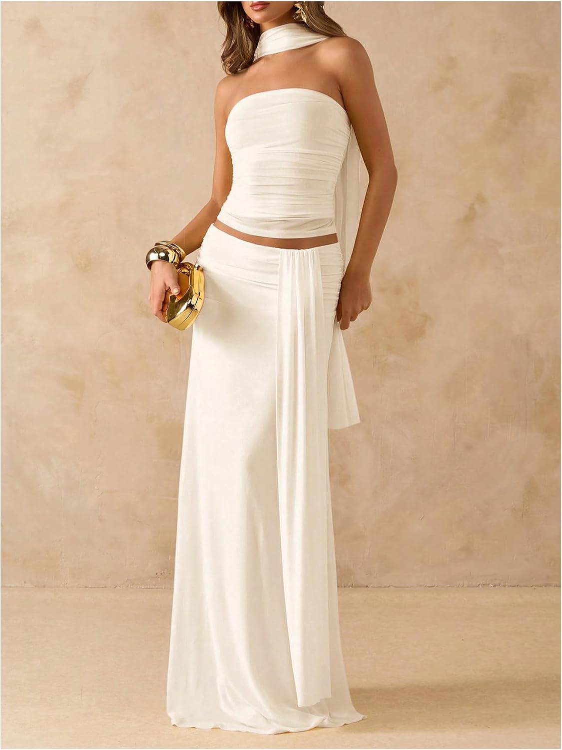 OYOANGLE Women's Going Out Outfits Skirt Set 2 Piece Halter Bandeau Top and Maxi Skirts with Scarf Party Clubwear