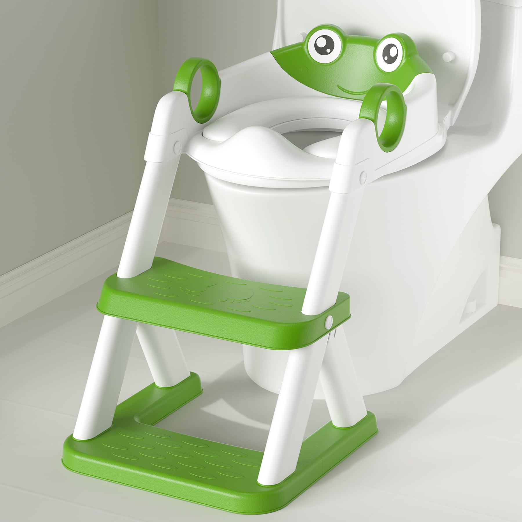 COOSEYA Riduttore Wc Bambini A Forma Di Rana,2 In 1 Vasino Con Scaletta Per Bambini Wc,Tappetino Impermeabile E Sgabello Antiscivolo,Verde
