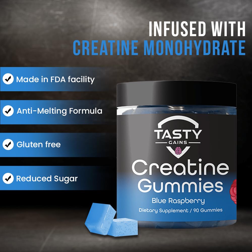 Tasty Gains Creatine Infused Gummies, 90g of Creatine, Non-GMO, Vegan - Build Muscle & Boost Strength for Men & Women (1g Creatine Monohydrate Per Gummy) Made in USA